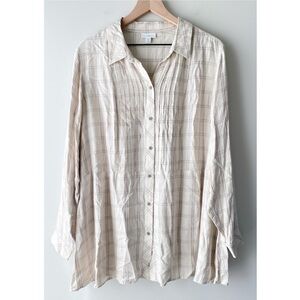J Jill Plaid Button Up Shirt 2X Cream Viscose‎ Long Sleeve Pintuck Fall Neutral